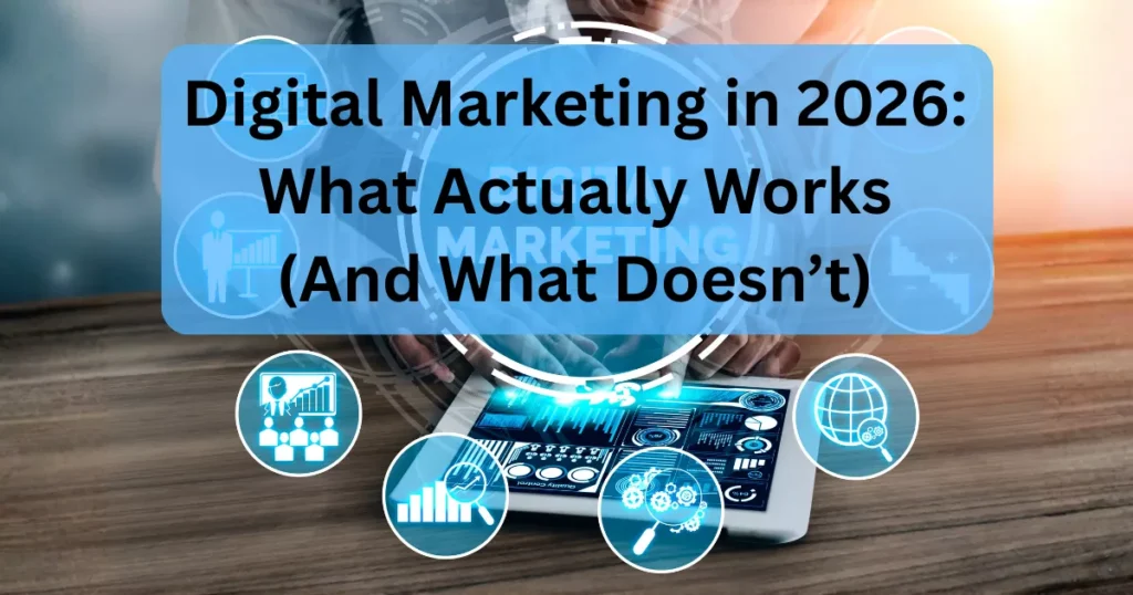 digital marketing illustration that reading "Digital Marketing in 2026 What Actually Works (And What Doesn’t)"