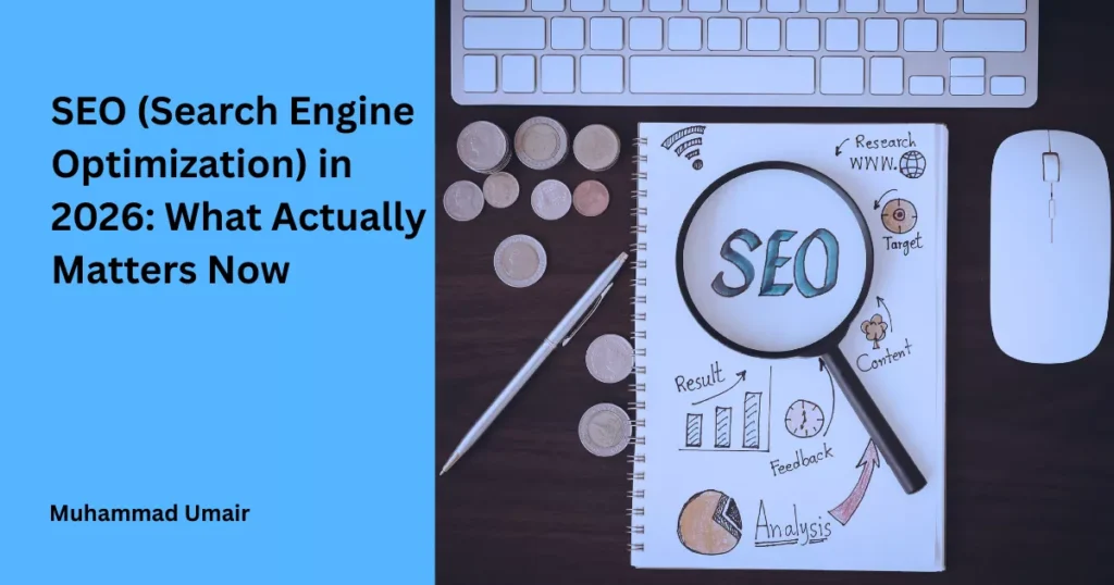 SEO illustration that reading "SEO (Search Engine Optimization) in 2026 What Actually Matters Now"