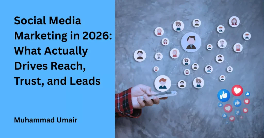 social media illustraction that reads "Social Media Marketing in 2026 What Actually Drives Reach, Trust, and Leads"